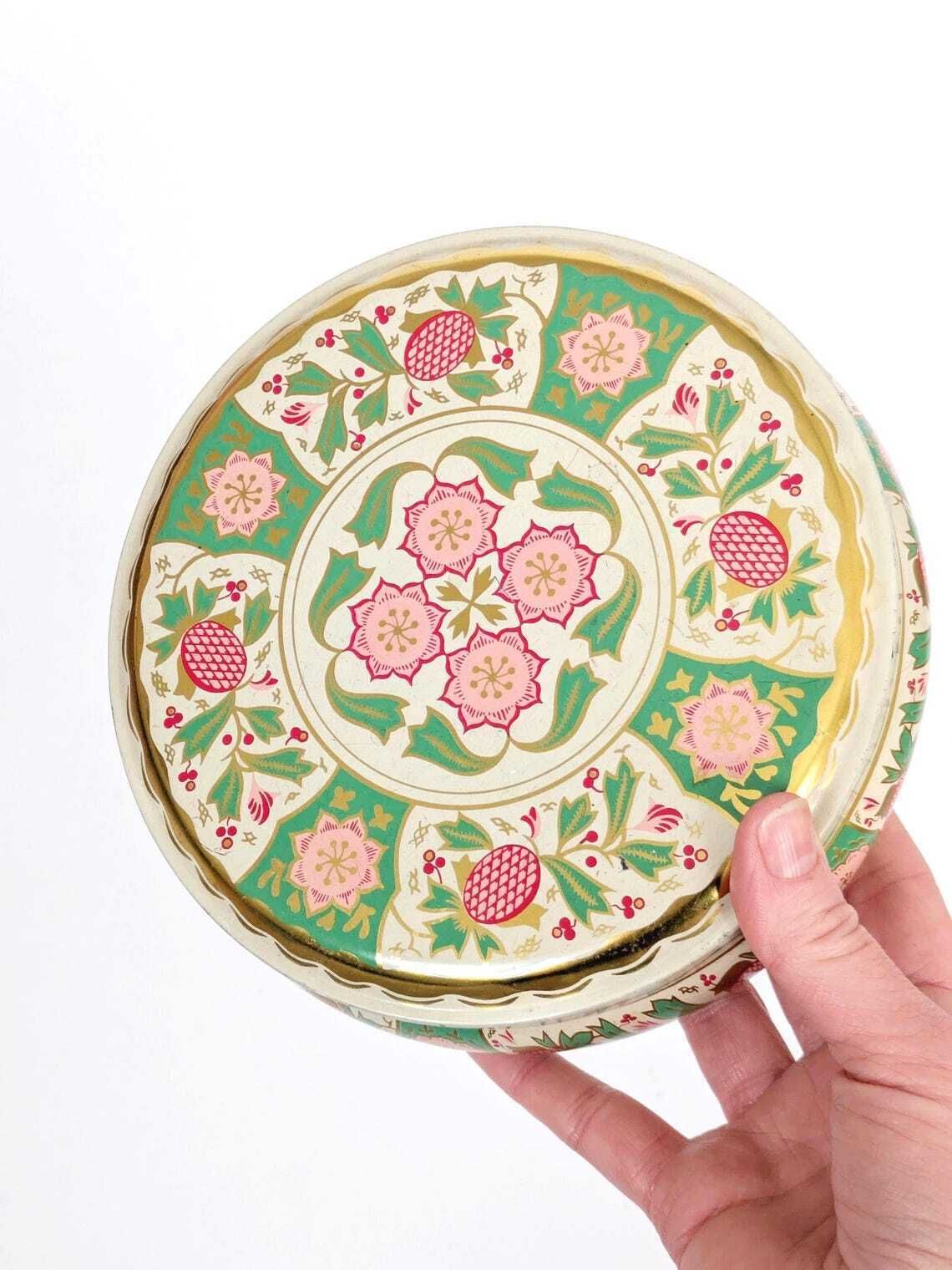 Vintage Midcentury Round Tin Box With Lid, Pastel Botanical Design With Gold Accents photo vintage