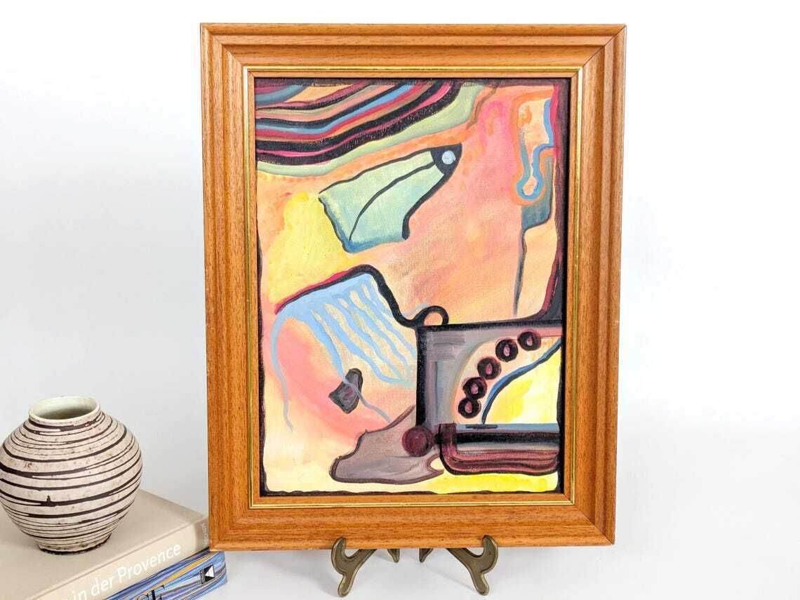 Vintage Abstract Oil Painting On Canvas, Surrealist Inspired Composition In Wooden Frame photo furniture