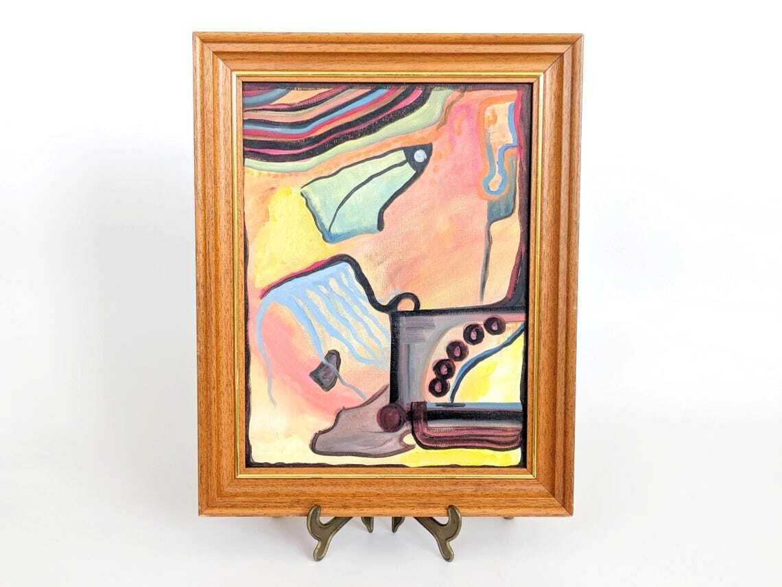 Vintage Abstract Oil Painting On Canvas, Surrealist Inspired Composition In Wooden Frame photo for sale
