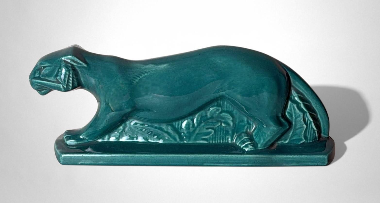 Art Deco Saint Clément Style Panther France Green Glazed Ceramic photo furniture