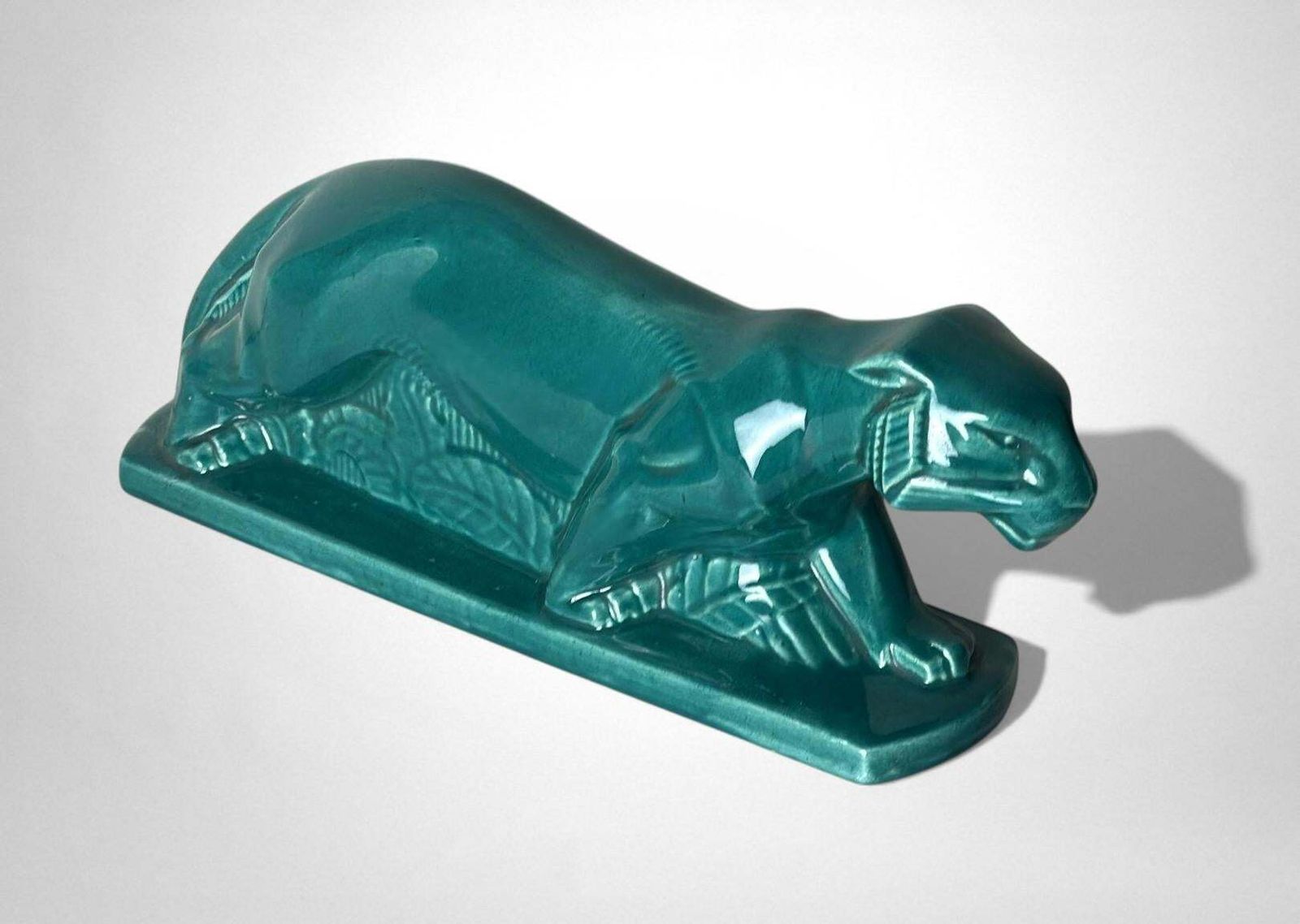Art Deco Saint Clément Style Panther France Green Glazed Ceramic photo vintage