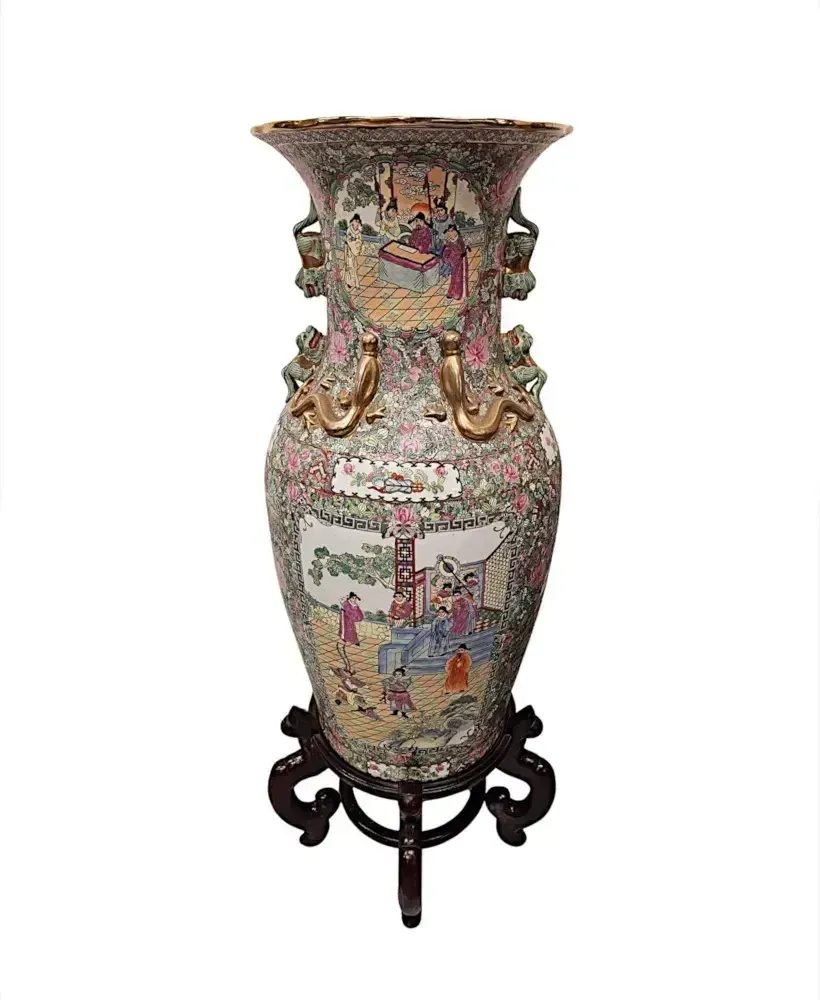 A Very Fine And Impressive Pair Of Early 20th Century Oriental Hand Painted Urns On Timber Stands photo for sale