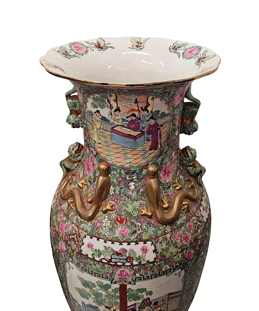 A Very Fine And Impressive Pair Of Early 20th Century Oriental Hand Painted Urns On Timber Stands photo 12225.12225