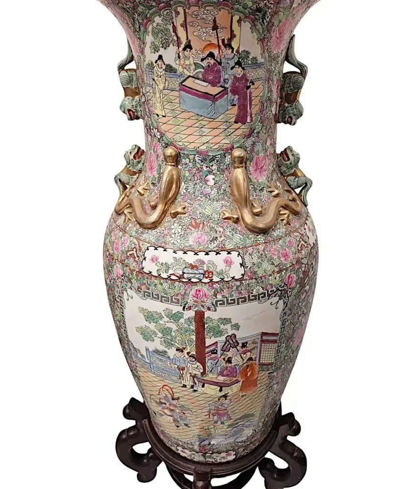 A Very Fine And Impressive Pair Of Early 20th Century Oriental Hand Painted Urns On Timber Stands photo vinterior