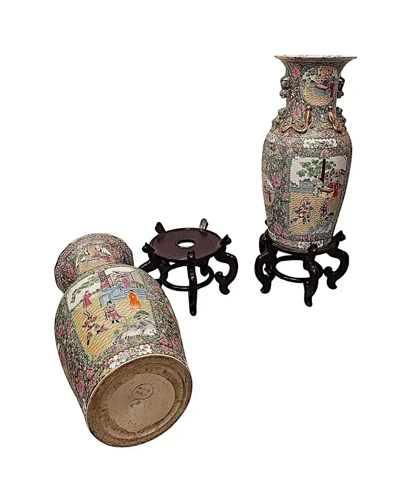 photo furniture A Very Fine And Impressive Pair Of Early 20th Century Oriental Hand Painted Urns On Timber Stands
