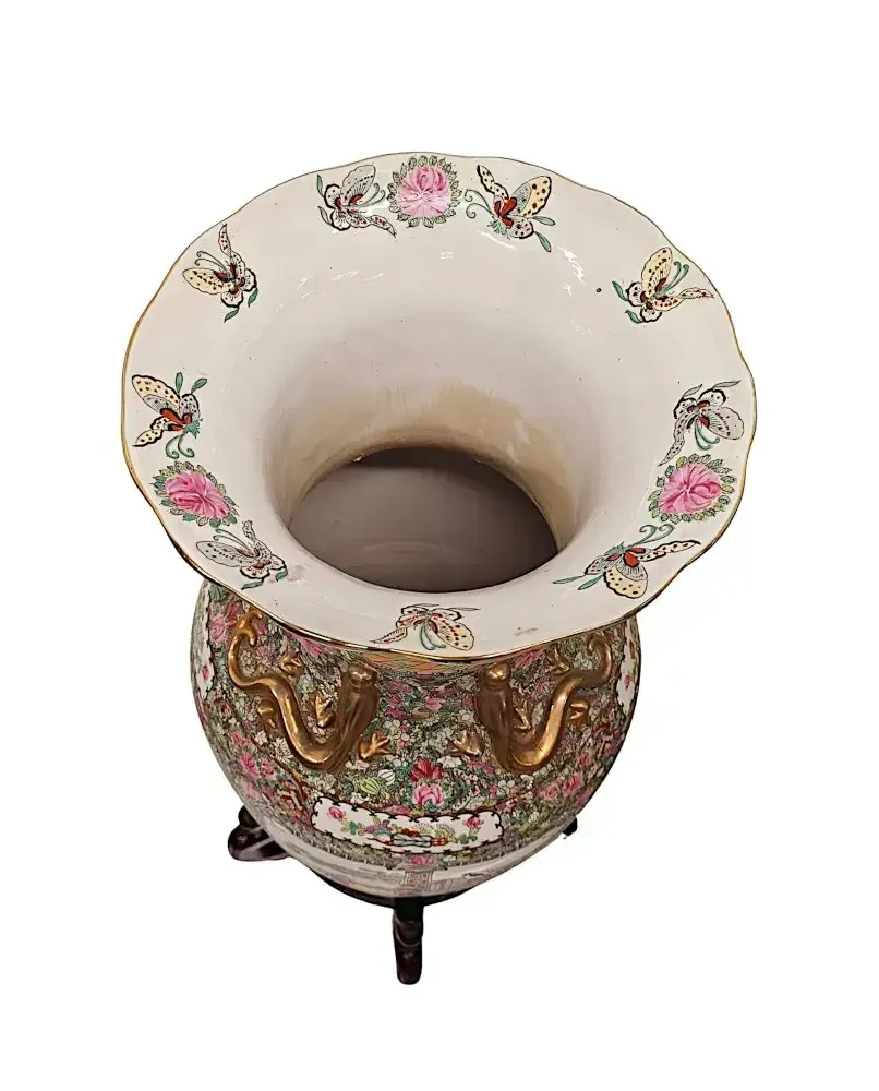 photo for sale A Very Fine And Impressive Pair Of Early 20th Century Oriental Hand Painted Urns On Timber Stands