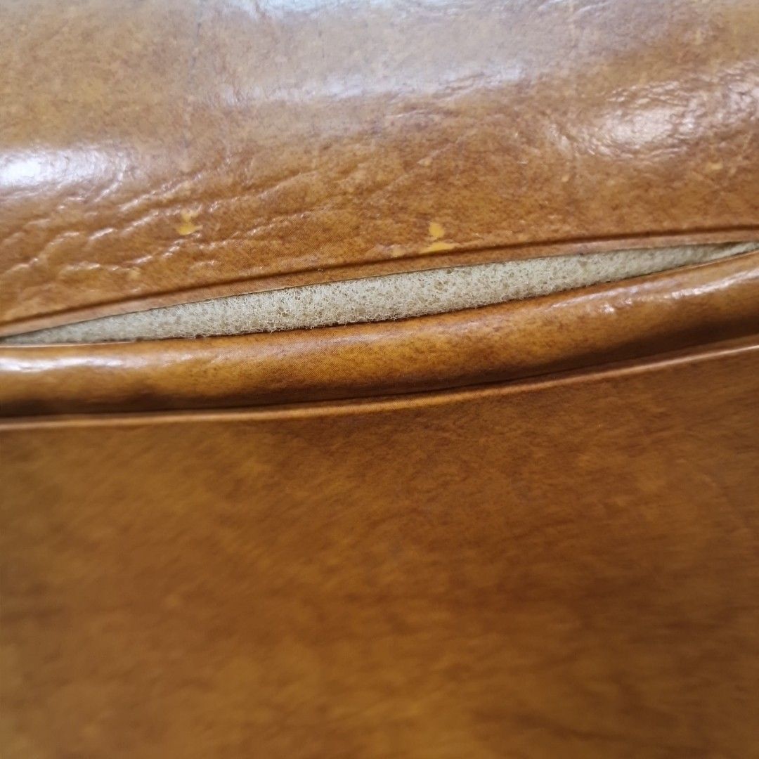 photo vinterior Vintage Tan Sherborne Footstool Pouffe Mid Century Foot Rest Faux Leather Vinyl