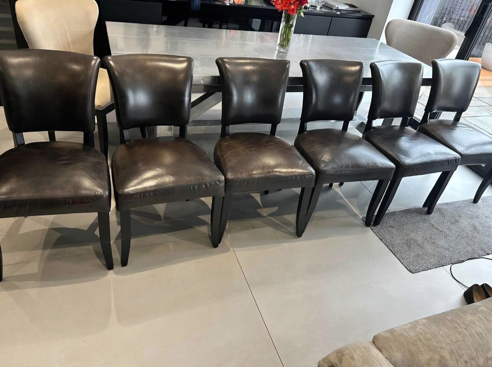 Timothy Oulton Boston Dining Table & 8 Dark Brown Leather Velvet Studded Chairs photo vinterior