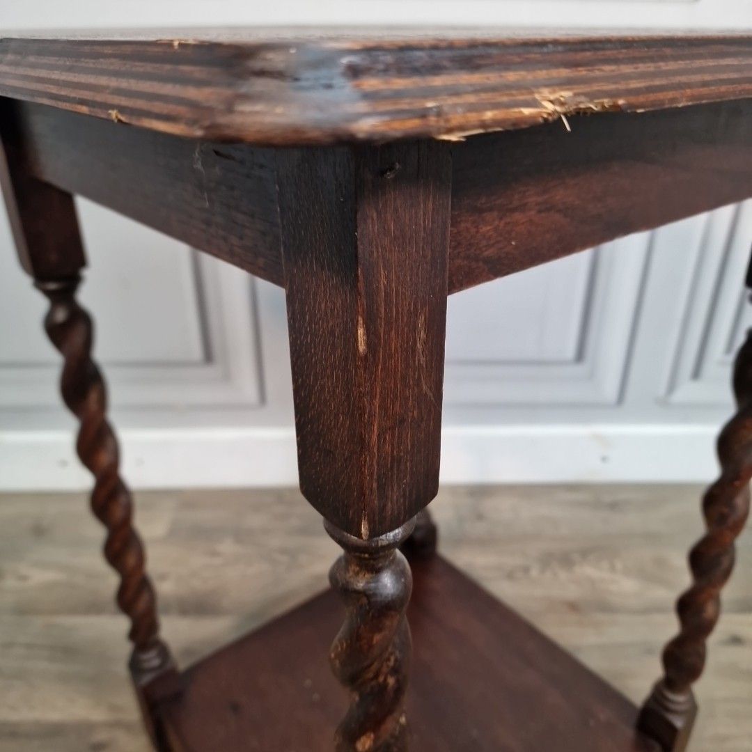 Antique Oak Hall Table Vintage Wooden Barley Twist Occasional 2 Tier Lamp photo vinterior