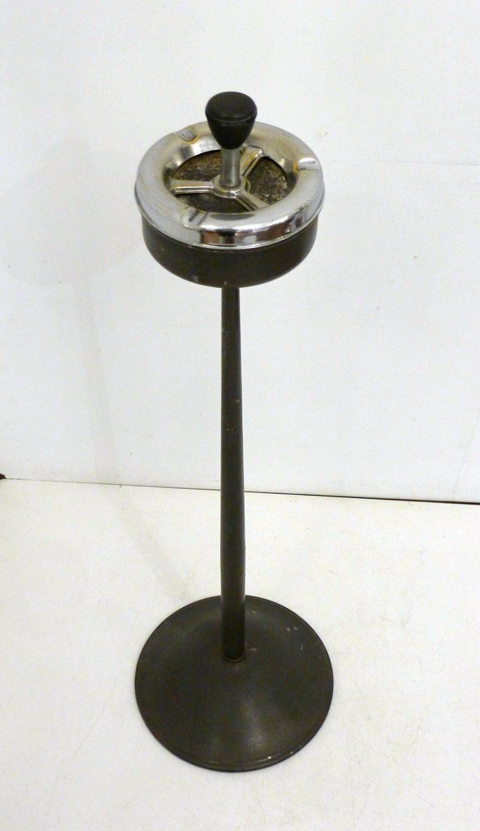 Mid Century Modern Metal Standing Ashtray With Push Button Lid, 1950s photo for sale