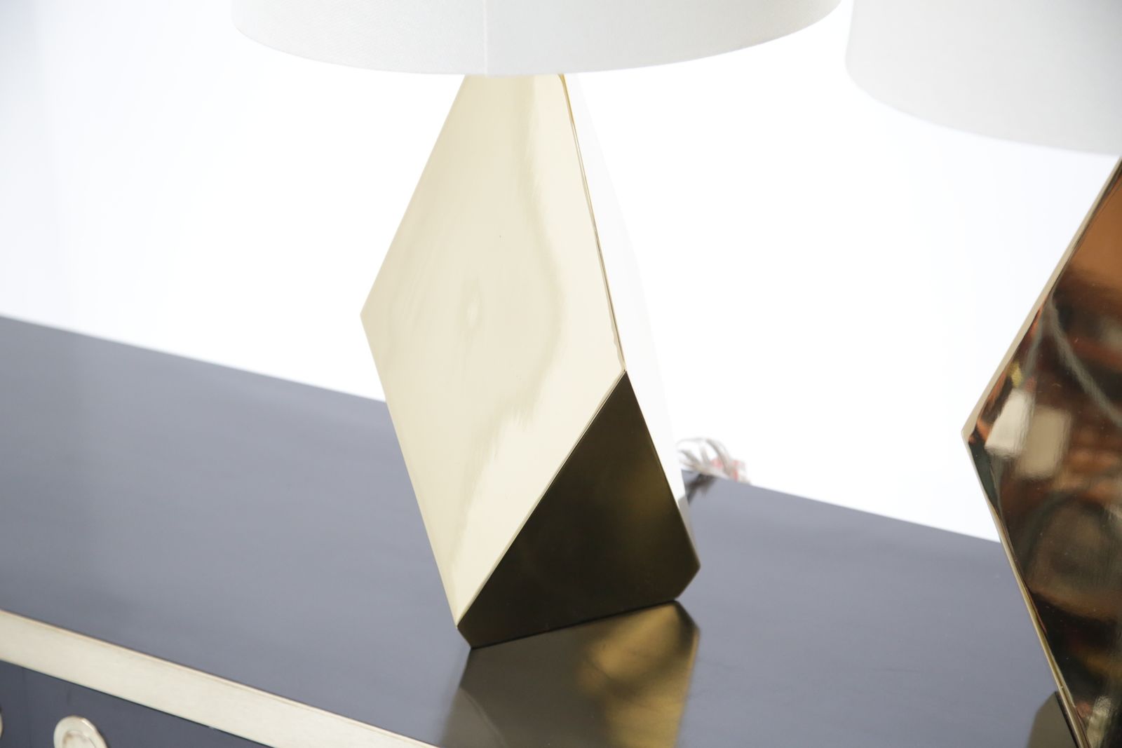 Pair Of Sculptural ‘Origami’ Polished Brass Table Lamps, USA, Mid Century Style photo Lighting