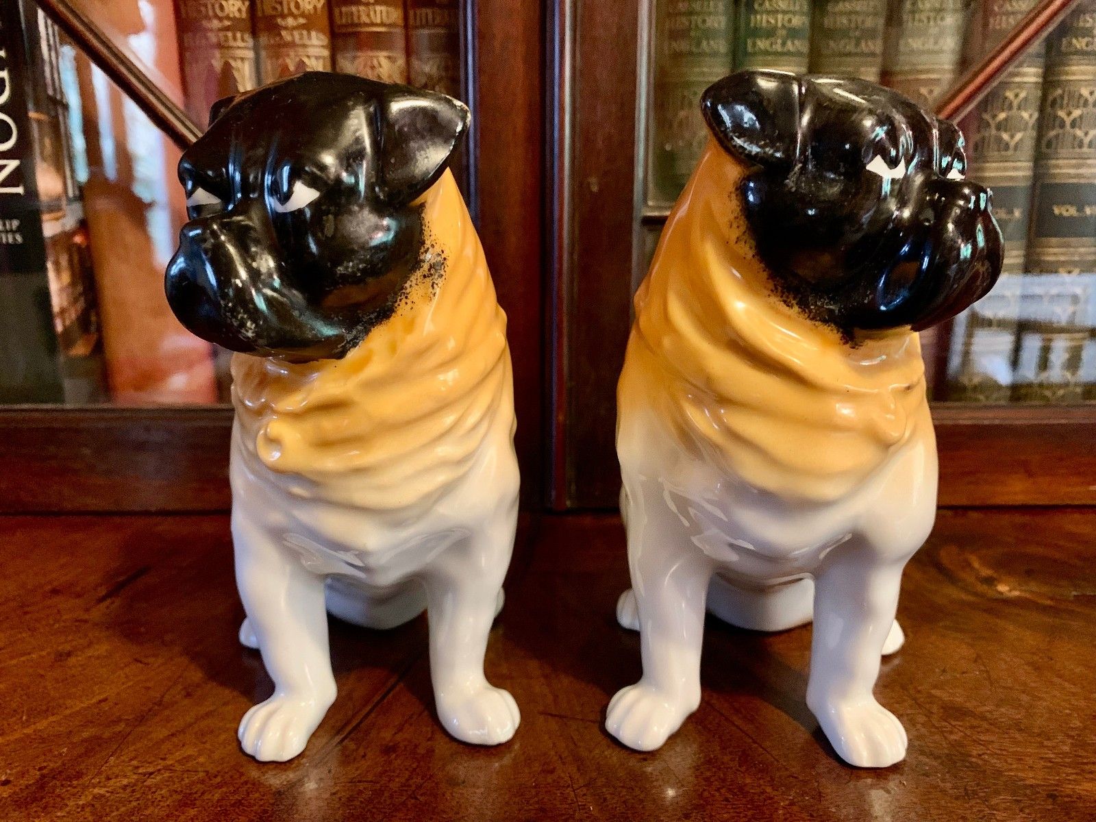 Antique Pair Of Staffordshire Style Pug Dogs Seated Figurines Fawn & Black 6.5” photo furniture