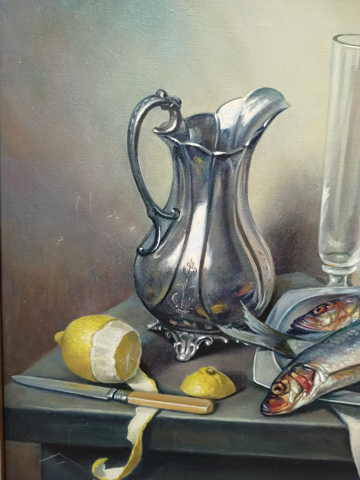 Original Oil Painting Still Life Study Mackerel Lemon And Bread, British Artist Constance M Cooper. photo Art