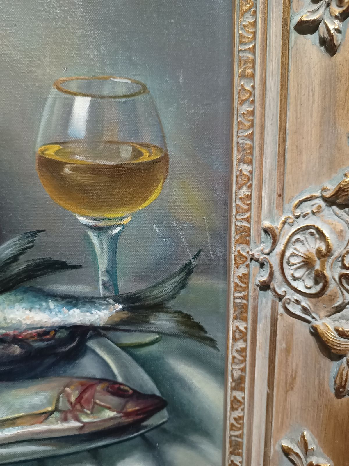 photo furniture Original Oil Painting Still Life Study Mackerel Lemon And Bread, British Artist Constance M Cooper.