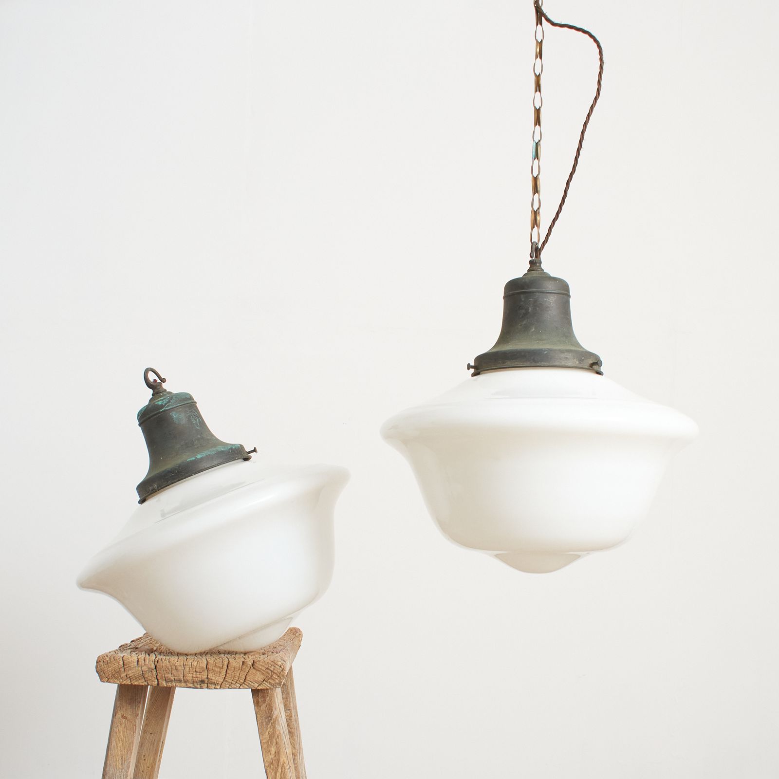 Pair Of Large Antique Church Opaline Glass Pendant Lights