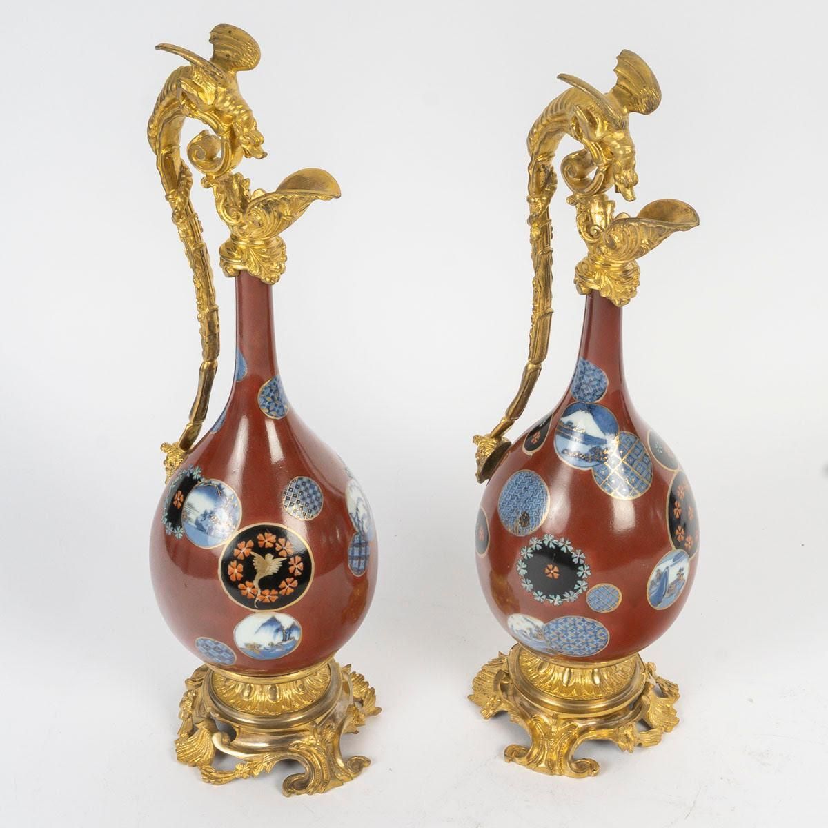 Pair Of Japanese Porcelain Ewers, Gilt Bronze Mount, 19th Century. photo Home Decor