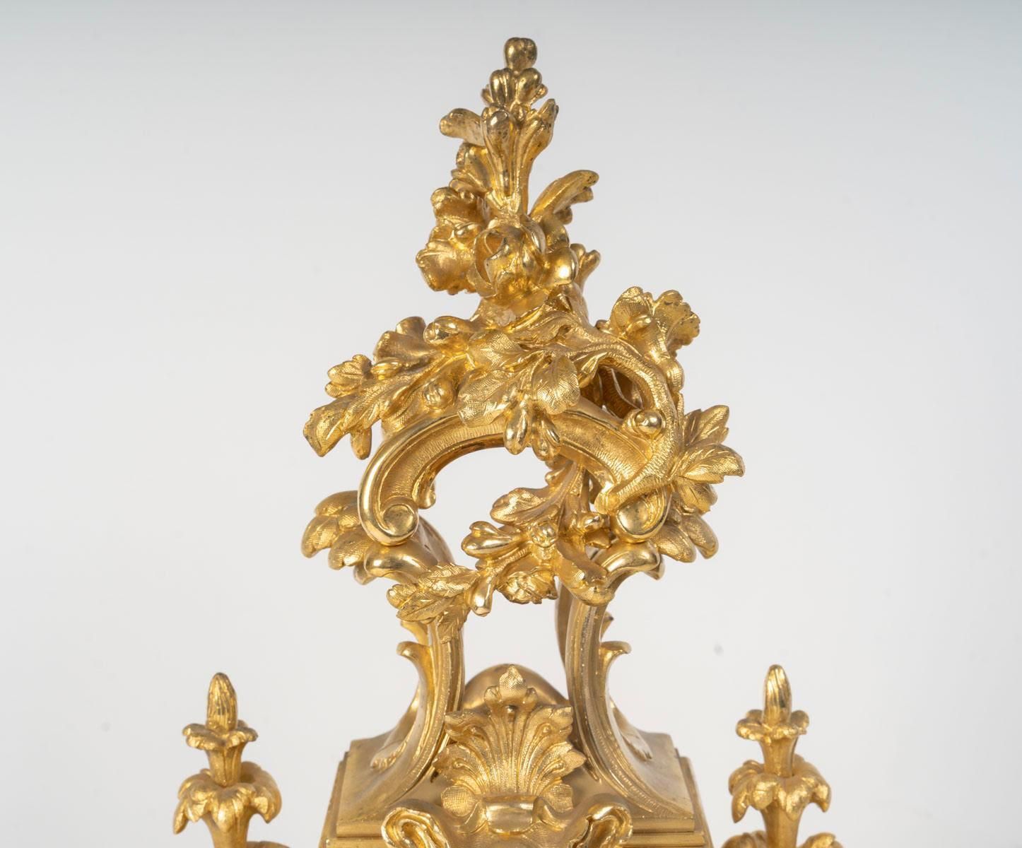 Gilded Bronze Mantel Set, Louis XV Style, Napoleon III Period. photo vinterior
