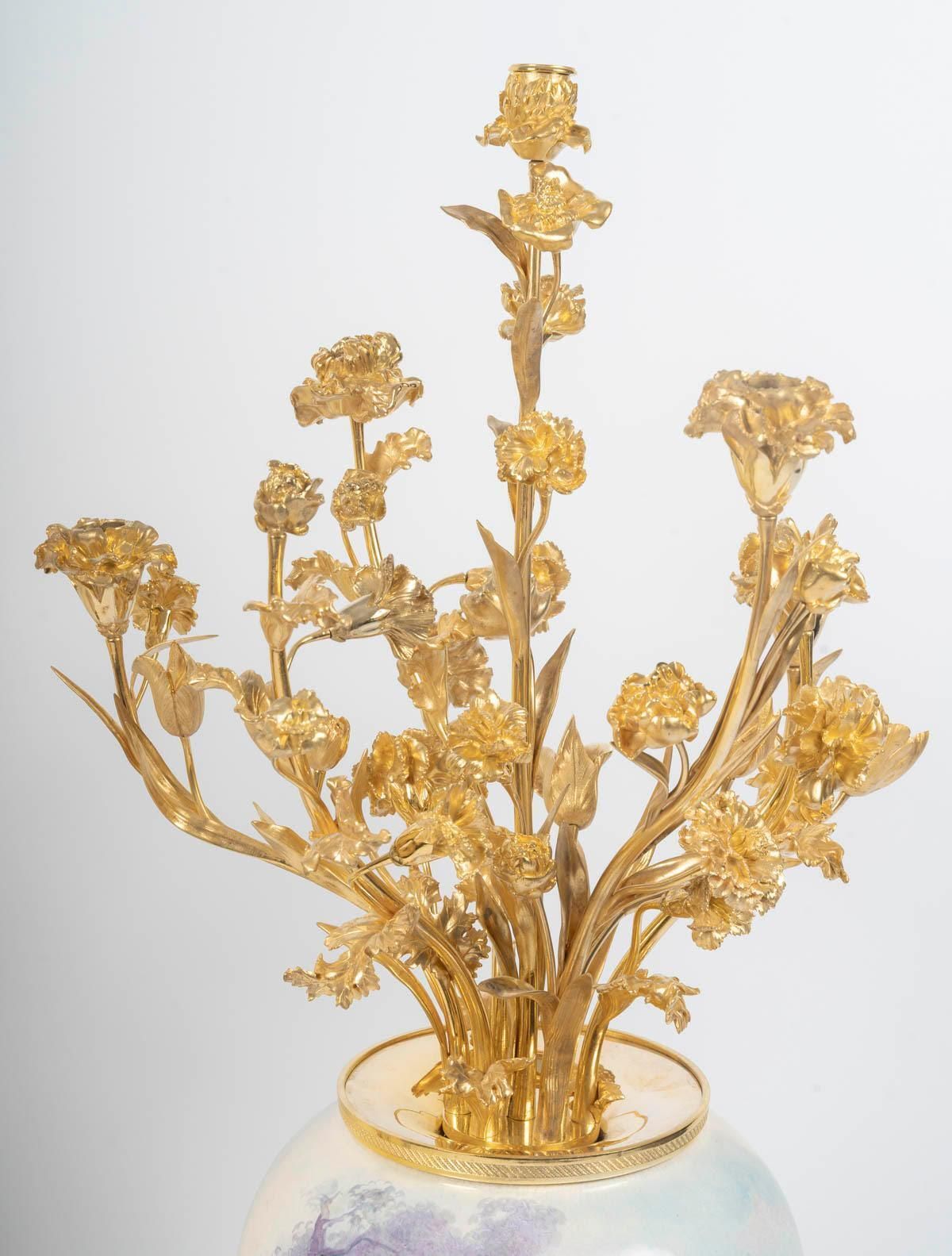 Pair Of Large Porcelain Vases Surmounted By Gilt Bronze Bouquets, 19th Century. photo furniture