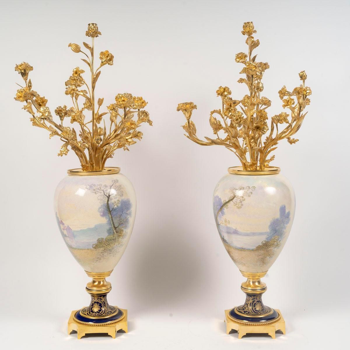 photo for sale Pair Of Large Porcelain Vases Surmounted By Gilt Bronze Bouquets, 19th Century.