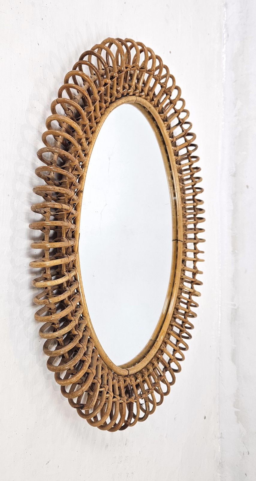 Mid Century Rattan Wall Mirror In Style Of Franco Albini, Italy, 1960s photo for sale