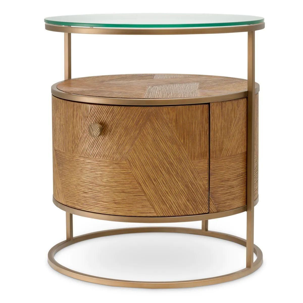 Set Of Two Nightstand In Caramel Carved Oak Veneer And Brushed Brass photo for sale