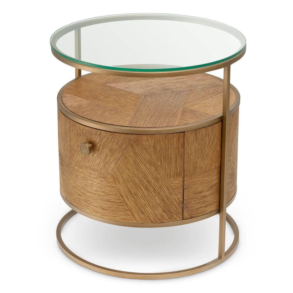 Set Of Two Nightstand In Caramel Carved Oak Veneer And Brushed Brass photo vintage