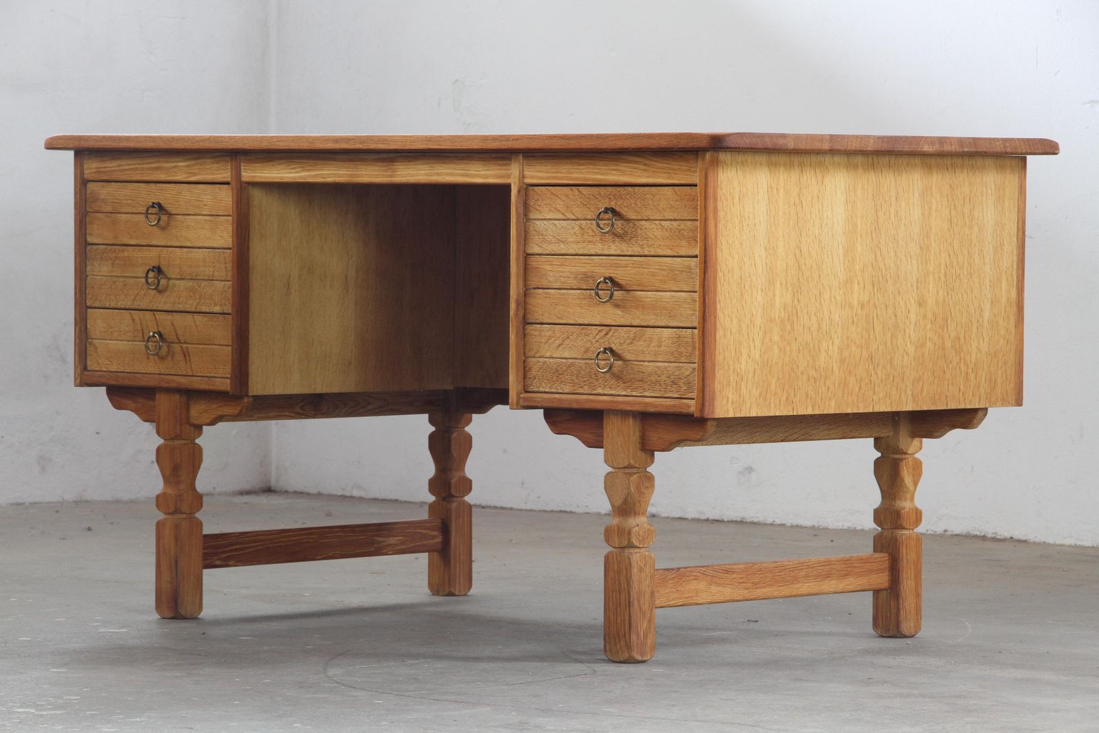 Vintage Mid Century Oak Writing Desk With 6 Drawers, Open Back, Kjærnulf Style. photo furniture