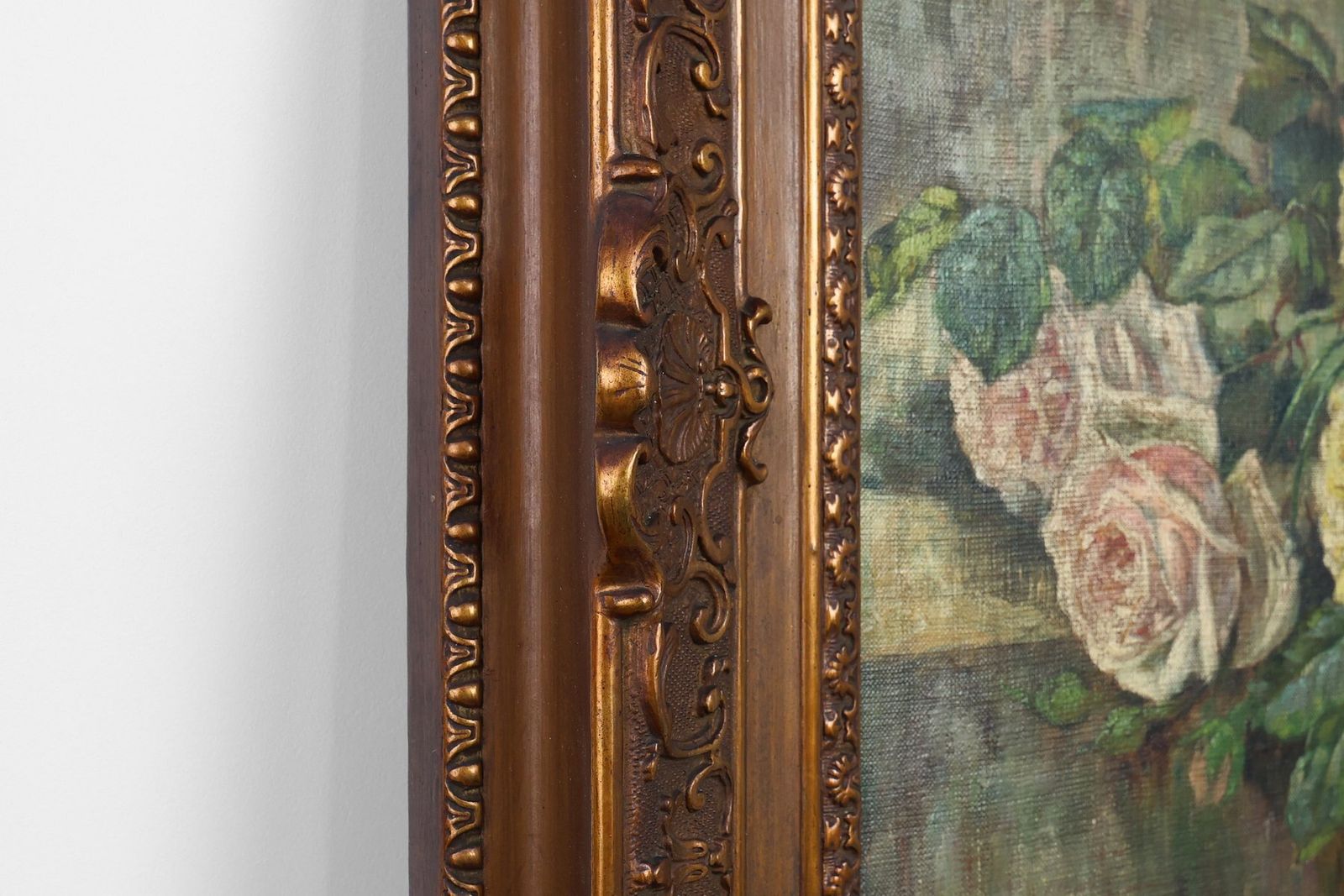 Belgian Artist, Romantic Floral Still Life, 1900, Oil Painting, Framed photo vintage
