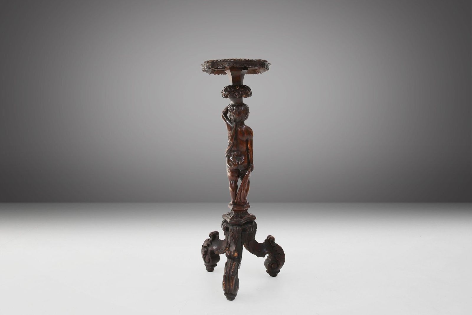 photo furniture Carved Walnut Pedestal Table With Putto, France, 1850s