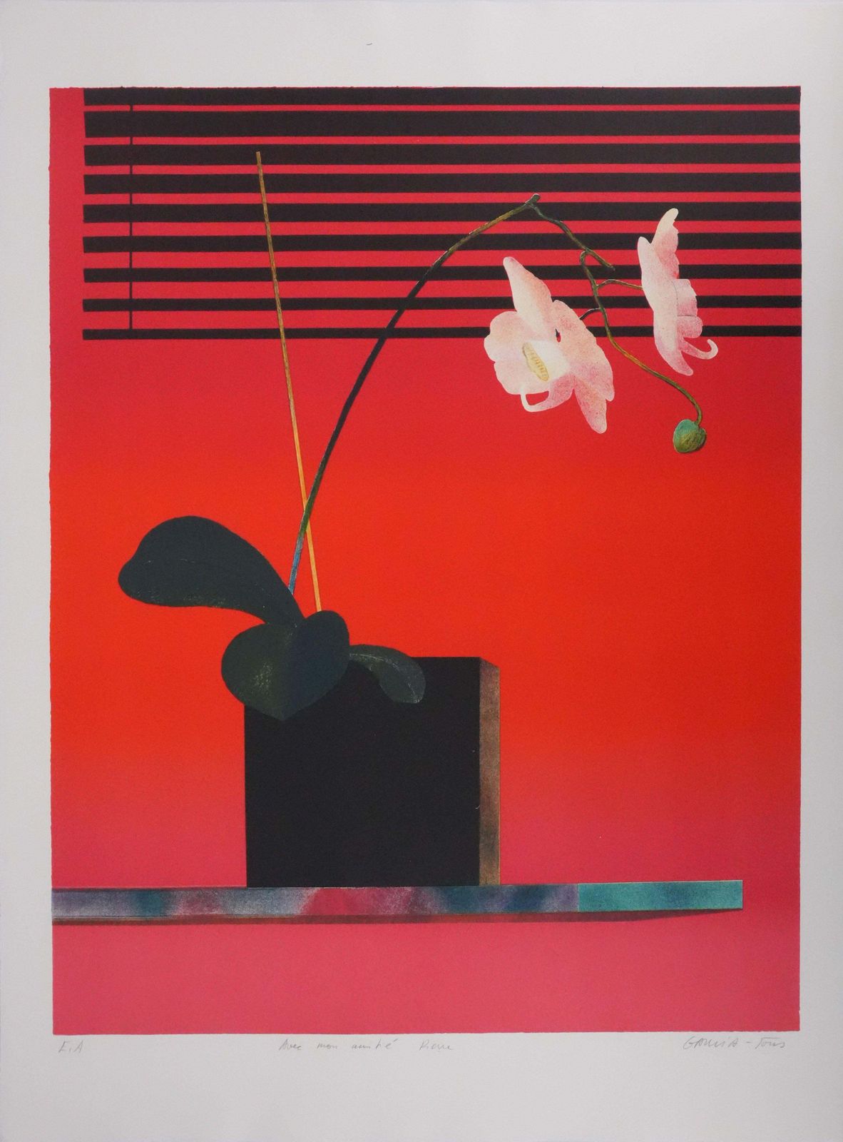 Pierre Garcia Fonsflower Pot With Red Background   Original Lithograph, Signed