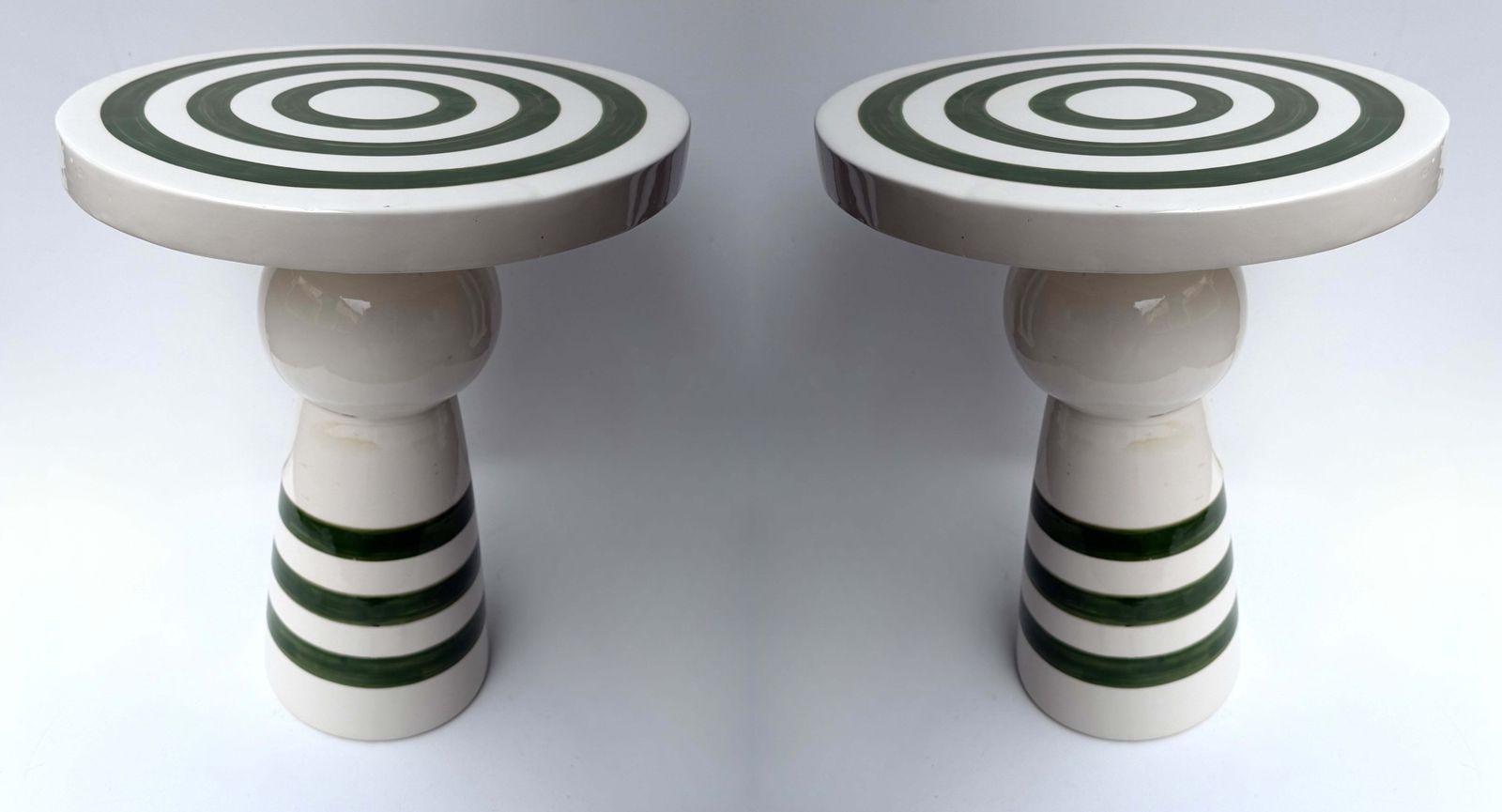Contemporary Pair Of Green And White Ceramic Stripe Side Tables. Italy