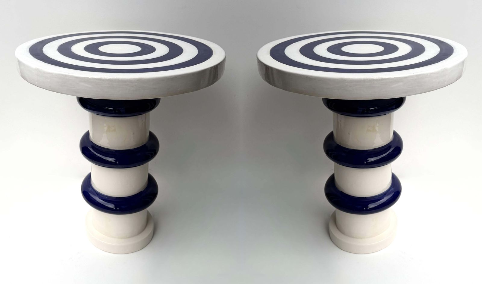 photo vinterior Contemporary Pair Of Blue And White Ceramic Stripe Side Tables. Italy