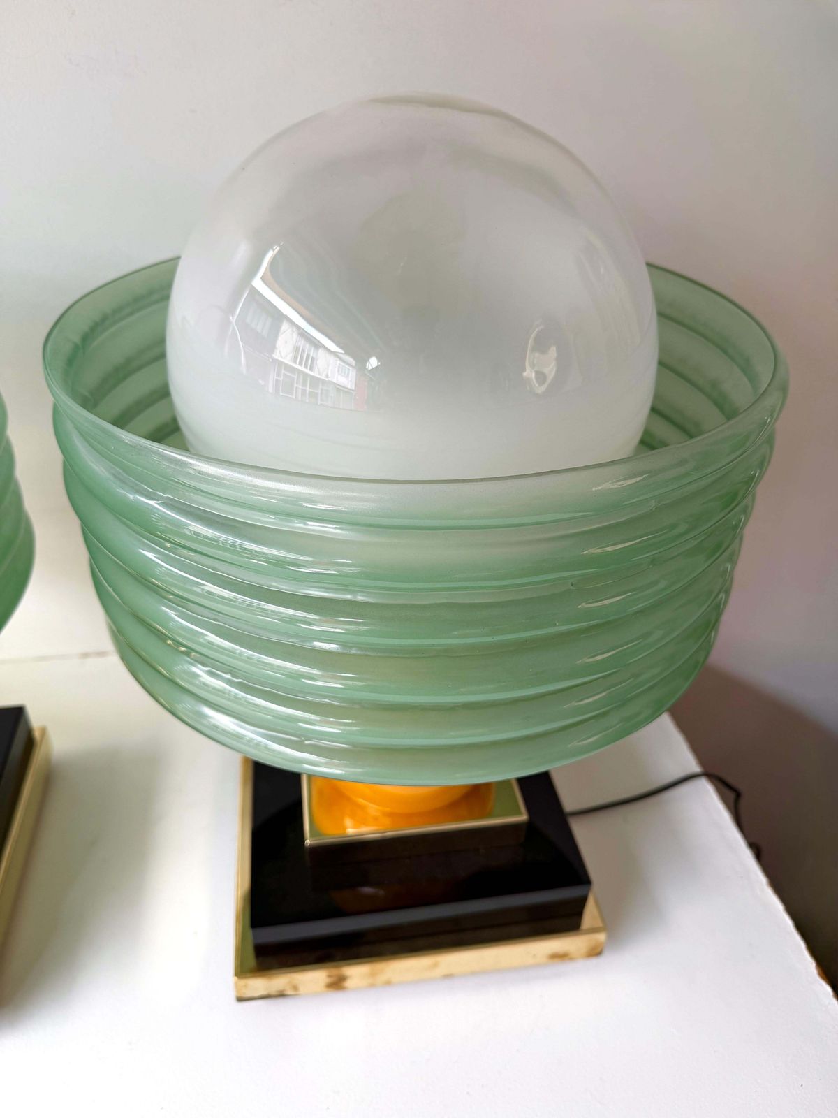 Contemporary Pair Of Brass And Green Murano Glass Wave Shades Lamps, Italy photo buy