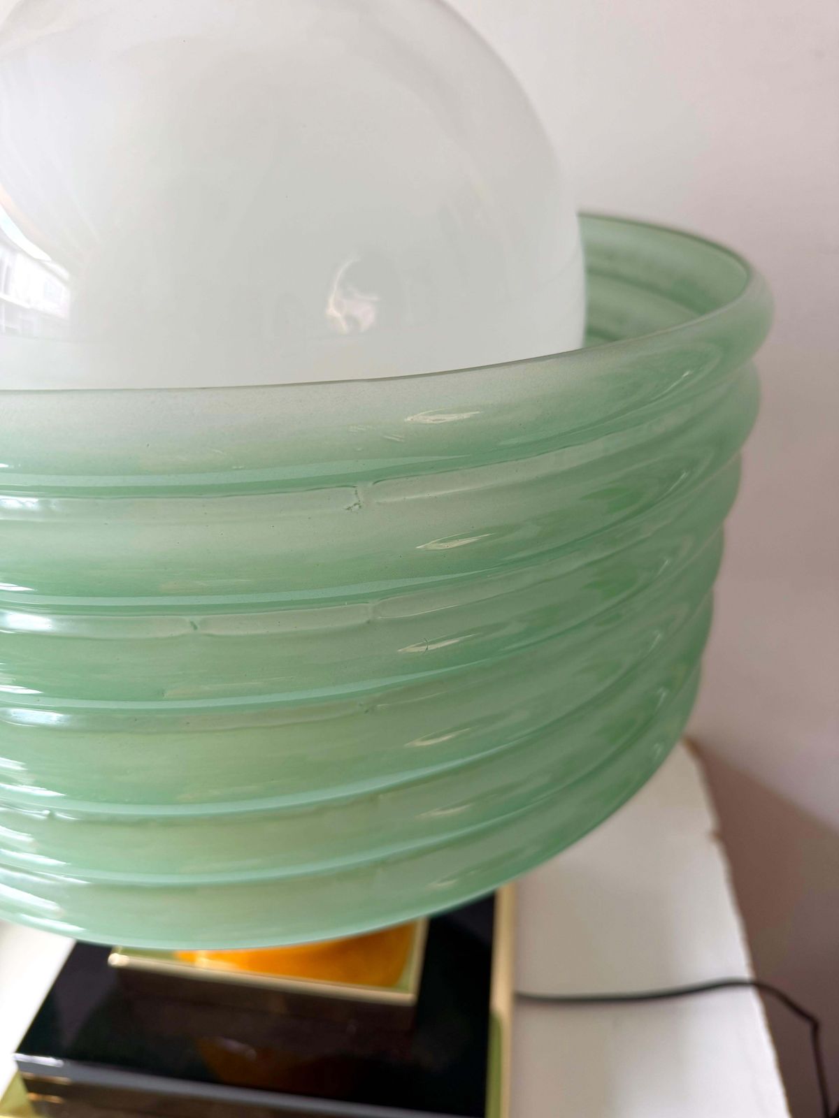 Lighting Contemporary Pair Of Brass And Green Murano Glass Wave Shades Lamps, Italy photo