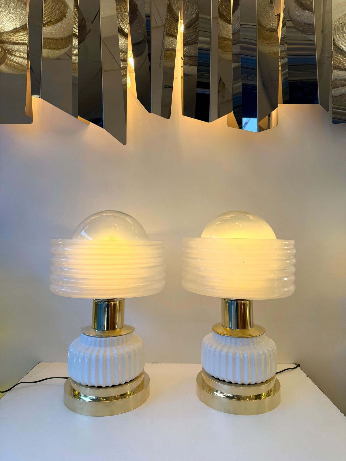photo furniture Contemporary Pair Of Brass And White Murano Glass Wave Shades Lamps, Italy