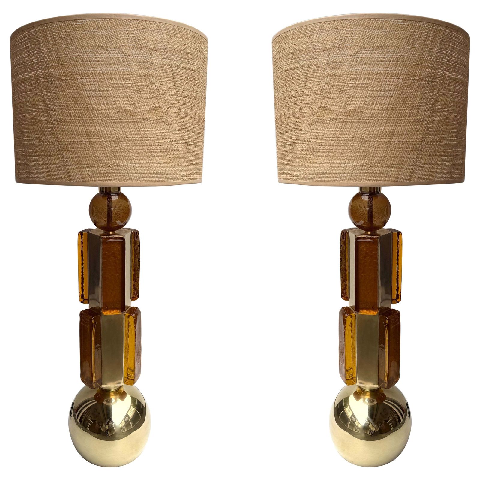 Contemporary Pair Of Brass And Murano Glass Lamps, Italy