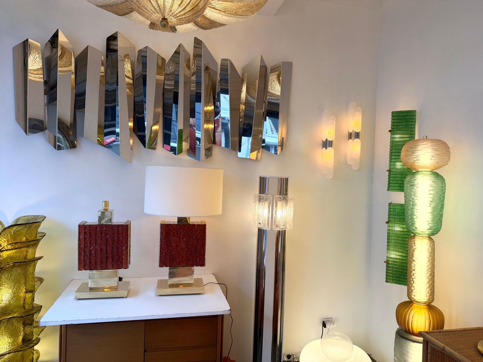 Lighting Contemporary Pair Of Brass Fusion And Red Murano Glass Lamps, Italy photo