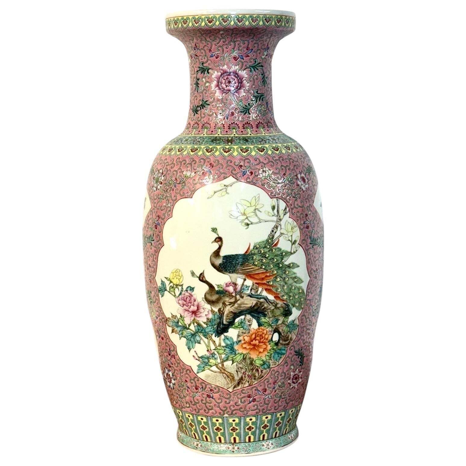 Large Chinese Famille Rose Porcelain Vase With Peacocks