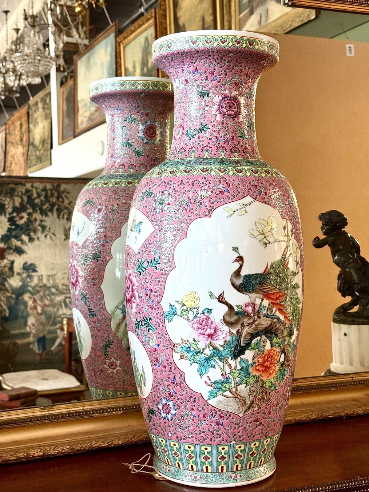 photo for sale Large Chinese Famille Rose Porcelain Vase With Peacocks