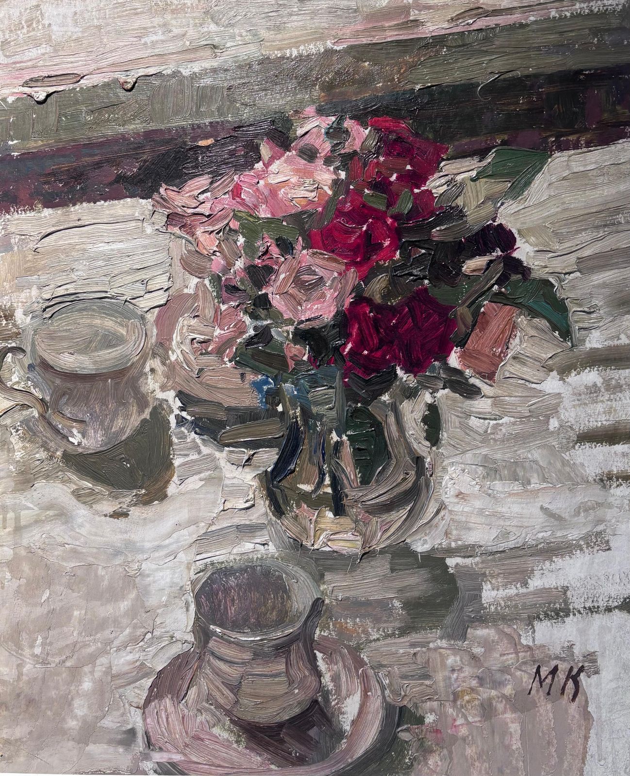 Maya Kopitzevavaso Di Rose , Rosa E Rosse   Olio Su Cartone Cm. 40 X 49 1980 Ca1980 photo for sale