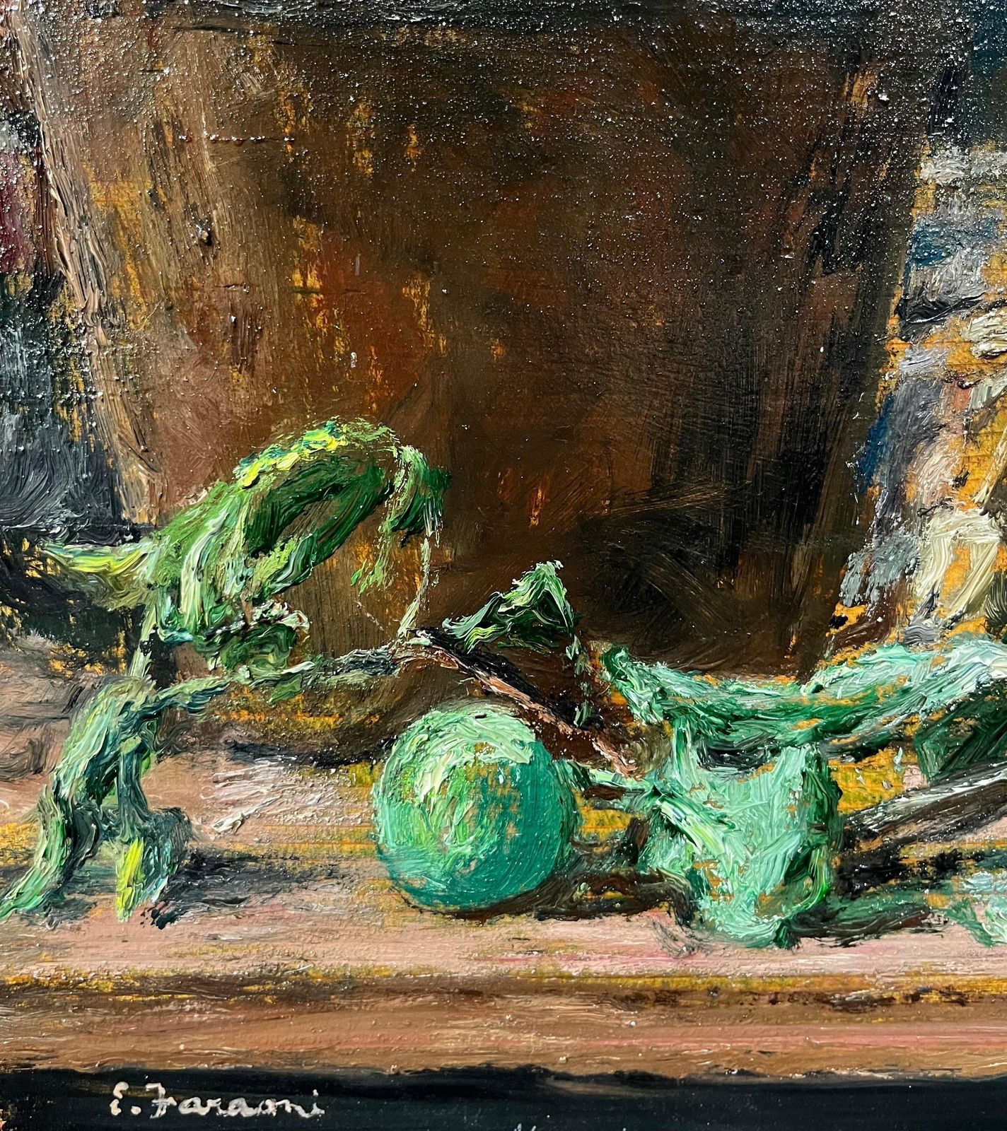 Enzo Faraoni"Green Apples On The Table" Oil On Wood Cm. 63 X 25 19701970 photo vinterior