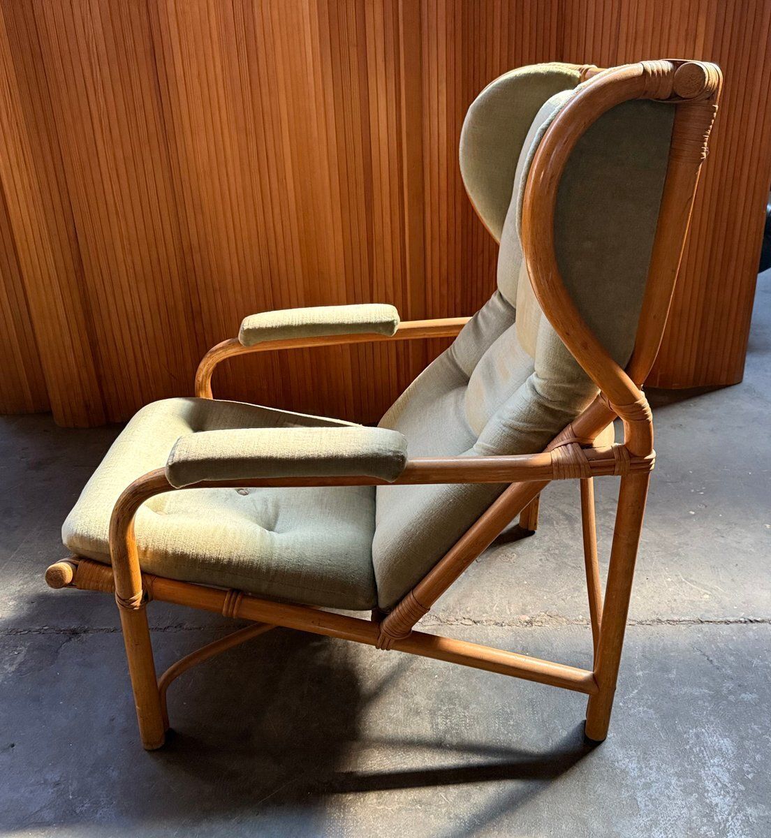 Rattan And Light Green Velvet Armchair, 1960s