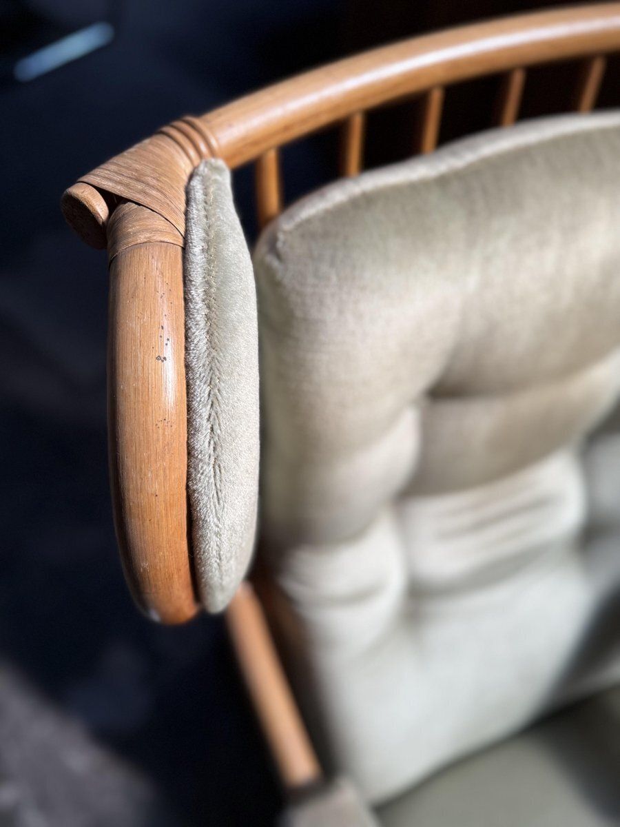 Rattan And Light Green Velvet Armchair, 1960s photo 689.0