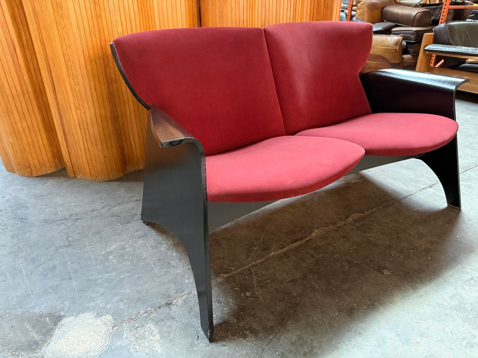 Black Plywood Sofa With Burgundy Velvet Upholstery, 1980s photo furniture