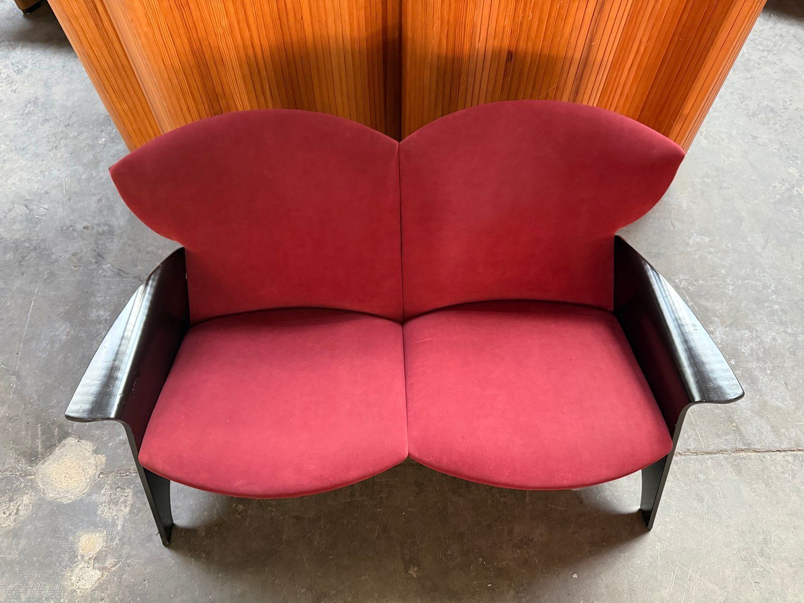 Black Plywood Sofa With Burgundy Velvet Upholstery, 1980s photo for sale