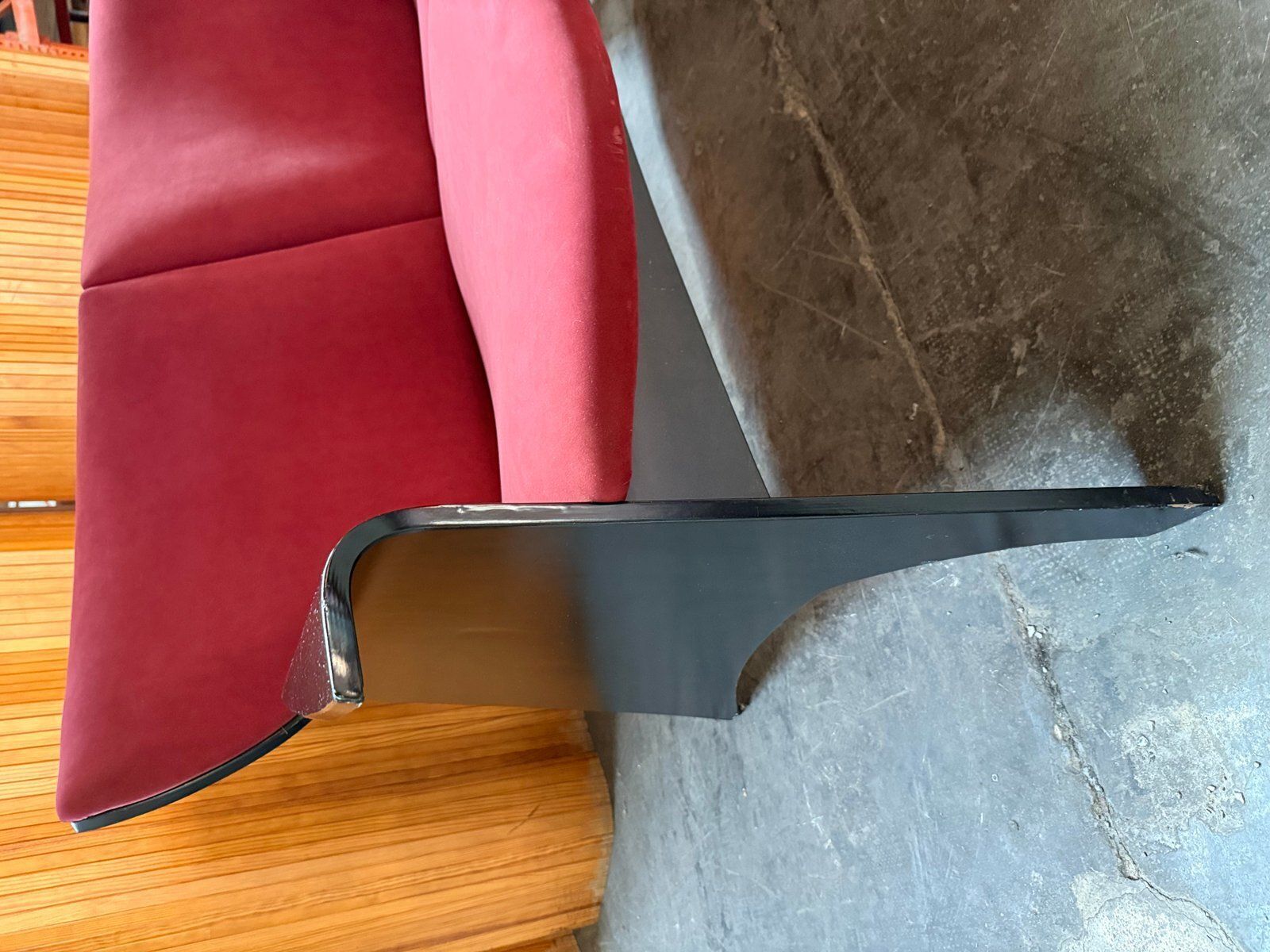 Black Plywood Sofa With Burgundy Velvet Upholstery, 1980s photo Furniture