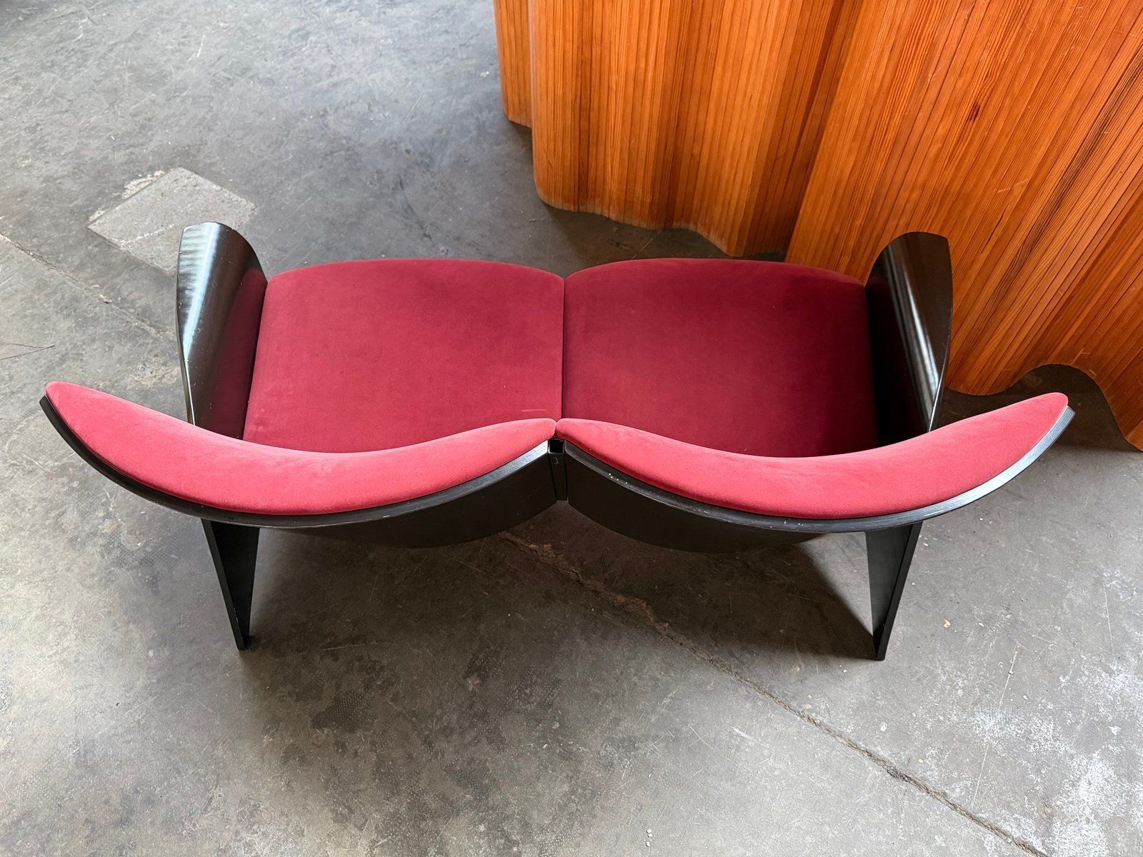 Black Plywood Sofa With Burgundy Velvet Upholstery, 1980s photo buy