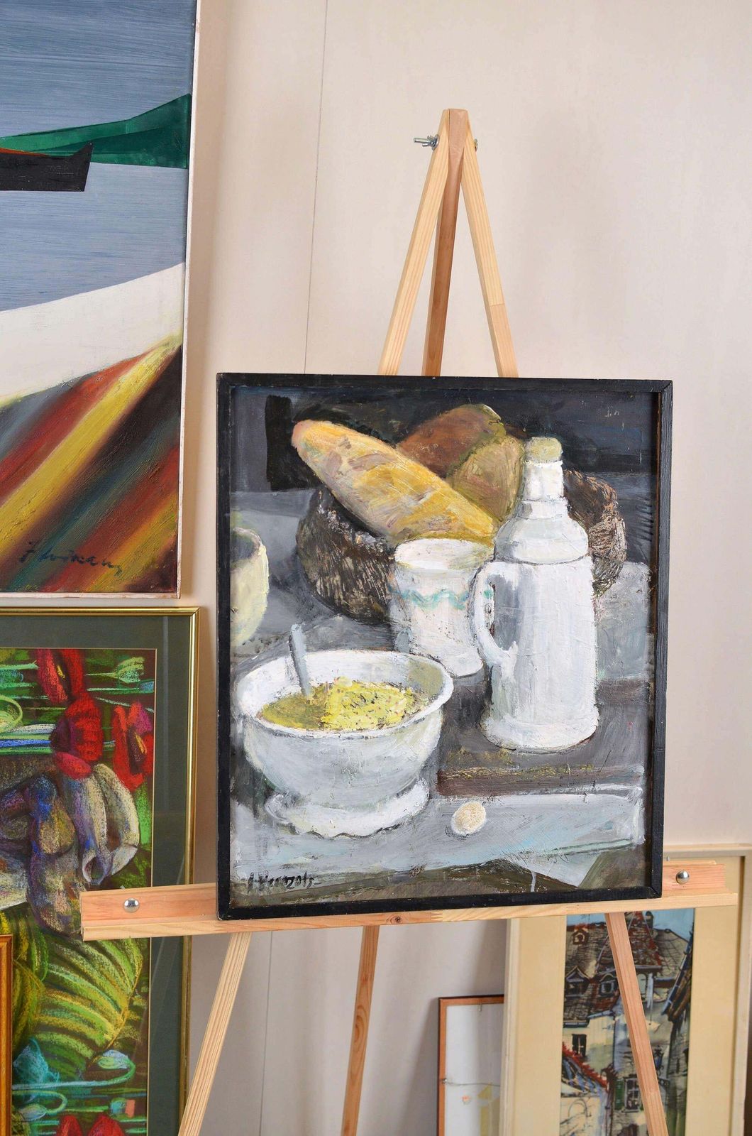 Imants Vecozolsstill Life With Baguette. Cardboard, Oil. 57x49 Cm1999 photo vintage