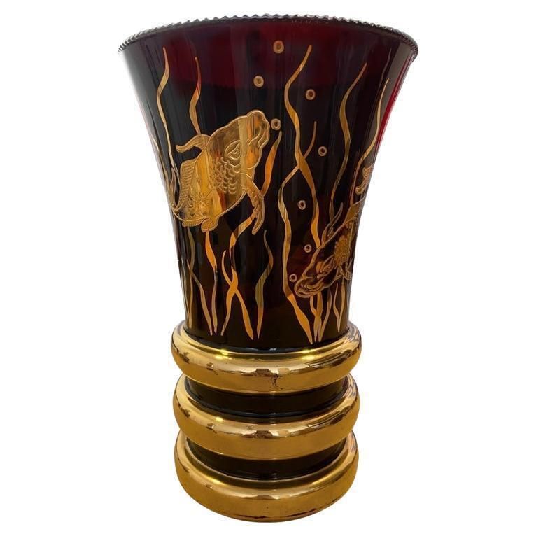 Art Deco Vase Glass And Gold Fish Decoration, Circa 1930