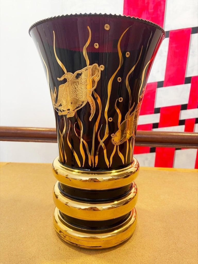 Art Deco Vase Glass And Gold Fish Decoration, Circa 1930 photo vinterior